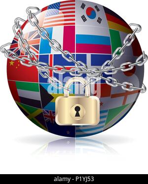 Global locked by a chain.Isolated on white background. Stock Vector