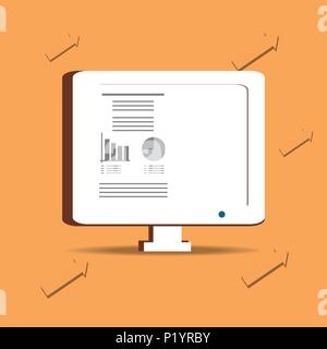 computer with graphic charts on screen over orange background, colorful design. vector illustration Stock Vector