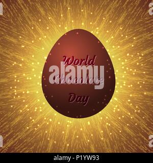 World Chocolate Day. Concept of a delicious holiday. 11 July. Chocolate egg with an inscription - the name of the event. Glowing grunge background wit Stock Vector