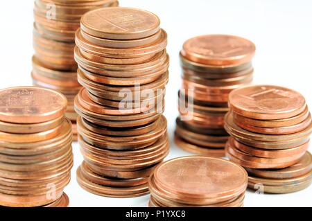 Stack of Eurocent coins on white background. Stock Photo