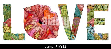 Word LOVE with lips silhouette. Vector decorative zentangle object Stock Vector