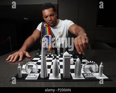 Boxer Joe Joyce poses with a chess set during the media day at Park Plaza London Riverbank. Stock Photo