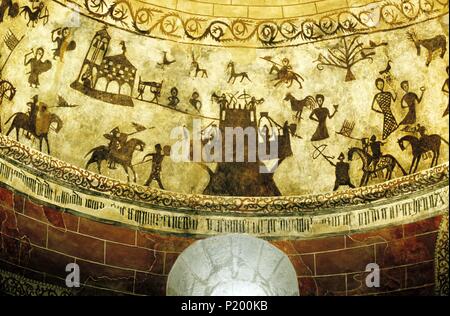 Gacea, medieval mural paintings in the church apse. Stock Photo