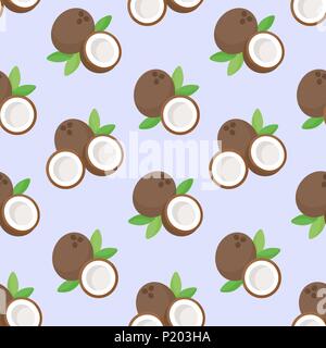 Coconut vector flat seamless pattern, tropical exotic fruits on the light green background, vector illustration Stock Vector