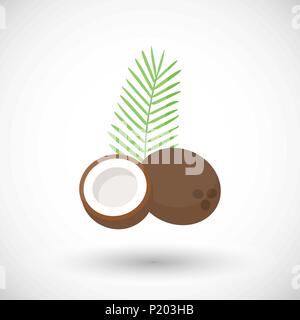 Coconut vector flat icon, flat design of tropical exotic fruit with round shadow isolated on the white background, vector illustration Stock Vector