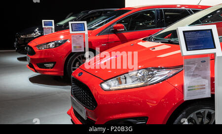 BRUSSELS - JAN 19, 2017: Row of new Ford cars on display at the Motor Show Brussels. Stock Photo