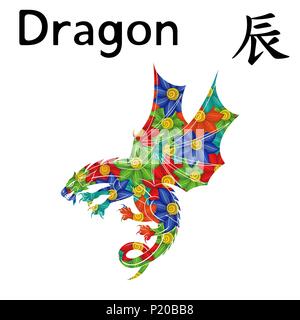 Chinese Zodiac Sign Dragon, symbol of New Year on the Eastern calendar, hand drawn vector stencil with colorful flowers isolated on a white background Stock Vector