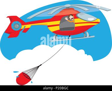 a vector cartoon representing a funny and friendly helicopter pilot, flying and carrying a bucket full of water to extinguish a fire Stock Vector