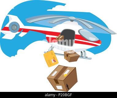 a vector cartoon representing a flying delivery helicopter flying in the sky and sending some postal products such as some cartons and a yellow envelo Stock Vector