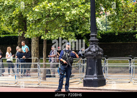 An armed Police officer of The Specialist Firearms Command SCO19  patrolling the crowds at The Trooping Of The Colour Ceremony, The Mall, London, UK Stock Photo