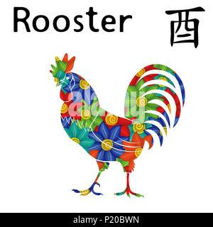 Chinese Zodiac Sign Rooster, symbol of New Year on the Eastern calendar, hand drawn vector stencil with colorful flowers isolated on a white backgroun Stock Vector