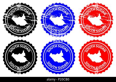 South Sudan - rubber stamp - vector, Republic of South Sudan map pattern - sticker - black, blue and red Stock Vector