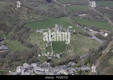 An aerial view of Corfe Castle, near Wareham, Dorset Stock Photo