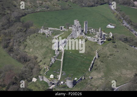 An aerial view of Corfe Castle, near Wareham, Dorset Stock Photo
