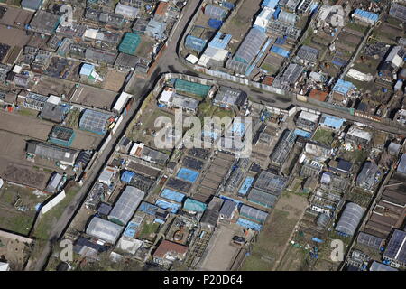 An aerial view of Allotment Gardens in Blyth, North East England Stock Photo