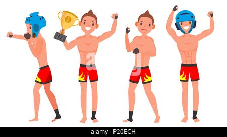 MMA Young Man Player Vector. Man. Fighters Fighting. Training Club. Poses Set. Flat Athlete Cartoon Illustration Stock Vector