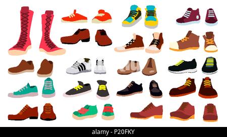 Footwear Set Vector. Fashionable Shoes. Boots. For Man And Woman. Web Icon. Flat Cartoon Isolated Illustration Stock Vector