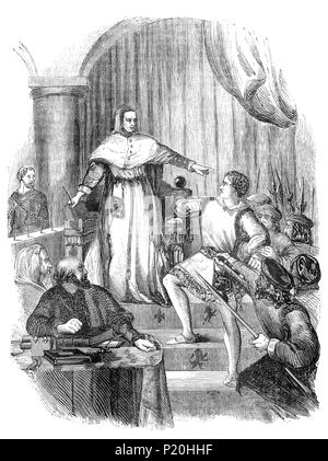 Sir William Gascoigne (1350-1419) was Chief Justice of England during the reign of King Henry IV when it is believed he committed the Prince of Wales (future Henry V) to prison.  When the judge directed the punishment of one of the prince's riotous companions the prince was enraged at the sentence and grossly insulted the judge. Gascoigne immediately gave the prince a dressing-down and committed him to prison, and that caused him to acknowledge the justice of the sentence. Stock Photo