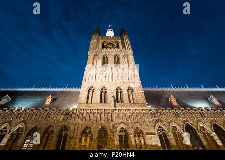 The Cloth Hall, Ypres, Belgium, at night lit up Stock Photo