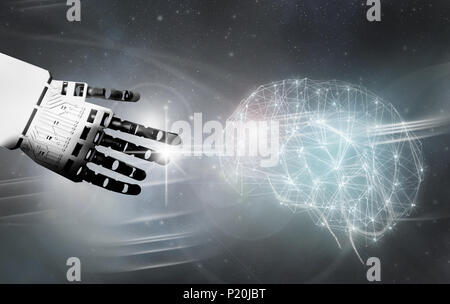 Robot hand reaching towards a brain Stock Photo