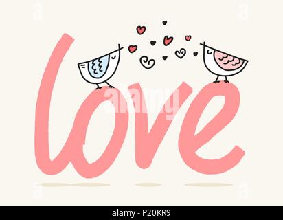 Two lovely birds sitting and singing above love word. Cute cartoon valentines day flat vector illustration Stock Vector