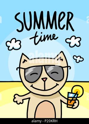 Happy cat have relaxing on the ocean beach at summer time. Cute animal flat vector illustration Stock Vector
