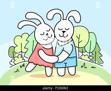 Couple of cute loving vector bunnies hold by hands. Cartoon flat animal illustration Stock Vector
