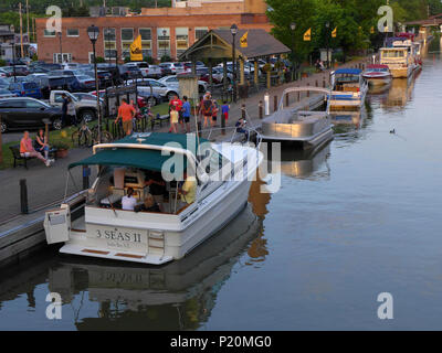 Moored boats on Erie Canal in Fairport NY. Stock Photo
