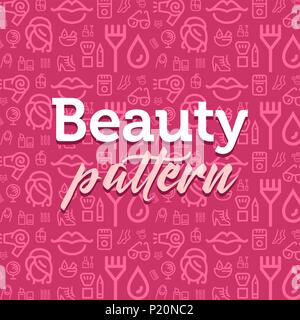 Beauty pattern illustration with vector outline simple flat icons on texture background Stock Vector
