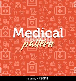 Medical pattern illustration with vector outline simple flat icons on texture background Stock Vector