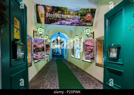 Graz, Austria - October 23, 2017: Sign and advertising posters of restaurant with Styrian cuisine Stock Photo