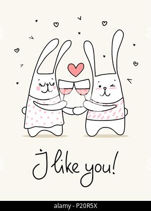 Two cute in loved rabbits with glasses of wine and pink heart. I like you flat vector illustration love card Stock Vector