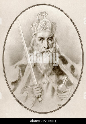 Charlemagne, aka Charles the Great or Charles I, 742 - 814.  King of the Franks, King of the Lombards  and Holy Roman Emperor.  Illustration by Gordon Ross, American artist and illustrator (1873-1946), from Living Biographies of Famous Rulers.
