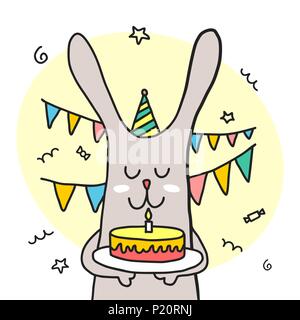 Funny bunny hold happy birthday cake. Cartoon colorful flat vector animal illustration Stock Vector