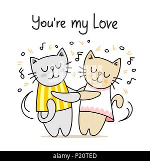 Couple of cute cats dancing with classic music. You are my love cartoon vector flat animal illustration Stock Vector