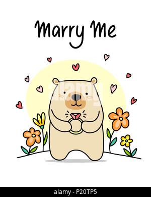 Cute brown bear with golden ring in his hands. Marry me cartoon flat vector illustration poster Stock Vector