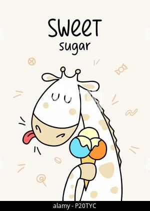 Funny giraffe licks three color ice cream. Sweet sugar cartoon flat vector animal illustration card Stock Vector