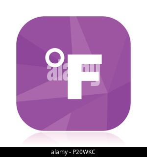Fahrenheit flat vector icon. Temperature violet web button. Thermometer internet square sign. Weather modern design symbol in eps 10. Stock Vector