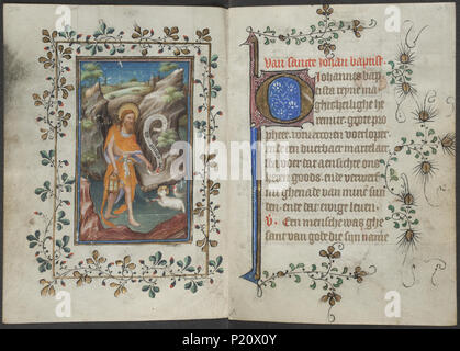 . Book of hours by the Master of Zweder van Culemborg - KB 79 K 2 - folios 108v (left) and 109r (right) .  Lefthand side folio 108v and righthand side folio 109r from the Book of hours by the Master(s) of Zweder van Culemborg Illuminations on the left folio 108v The full-page miniature shows St. John the Baptist Specific forms of the cross (11D123) Lamb bearing cross or banner, 'agnus dei'  symbol of christ (11D1311) John the baptist; possible attributes: book, reed cross, baptismal cup, honeycomb, lamb, staff (THE BAPTIST) 11H(JOHN THE BAPTIST)) Lantern (41B33) Lamb (+ animals used symbolica Stock Photo