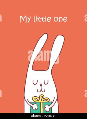 Funny white rabbit with gift in hands isolated on red background. My little one flat vector illustration poster Stock Vector