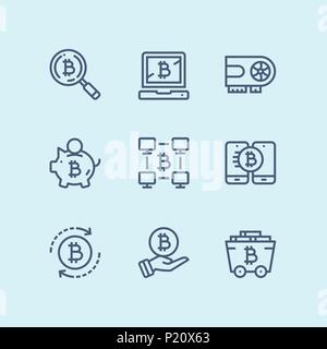 Outline Cryptocurrency, blockchain, bitcoin mining, digital money vector simple icons for web and mobile design pack 2 Stock Vector