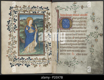 . Book of hours by the Master of Zweder van Culemborg - KB 79 K 2 - folios 132v (left) and 133r (right) .  Lefthand side folio 132v and righthand side folio 133r from the Book of hours by the Master(s) of Zweder van Culemborg Illuminations on the left folio 132v The full-page miniature shows St. Cecilia of Rome holding two birds The virgin martyr cecilia of rome; possible attributes: falcon, musical instruments, organ, wreath of roses and lilies (11HH(CECILIA)) Birds (+ animals as attributes) (25F3(+13))  . between circa 1430 and circa 1435 33 Book of hours by the Master of Zweder van Culembor Stock Photo