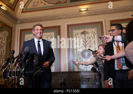 Washington, United States Of America. 13th June, 2018. Senator Jeff Flake, Republican of Arizona, speaks to reporters after meeting with the Minister of Foreign Affairs of Canada Chrystia Freeland and other members of the Senate Foreign Relations Committee at the United States Capitol in Washington, DC on June 13, 2018. Credit: Alex Edelman/CNP | usage worldwide Credit: dpa/Alamy Live News Stock Photo