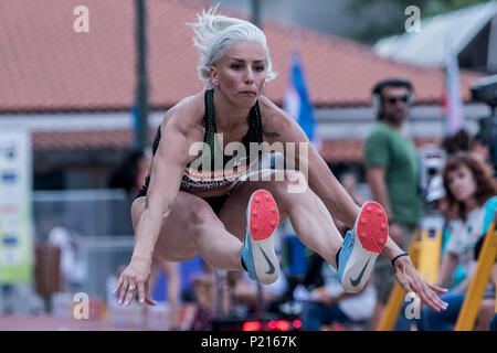 Athens, Greece. 13th June, 2018. Paraskevi Papachristou of Greece competes in Long Jump at the Filothei Women Gala in Athens, Greece, June 13, 2018. Credit: Panagiotis Moschandreou/Xinhua/Alamy Live News Stock Photo