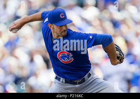 Milwaukee, WI, USA. 13th June, 2018. Milwaukee Brewers shortstop Orlando  Arcia #3 during the Major League Baseball game between the Milwaukee Brewers  and the Chicago Cubs at Miller Park in Milwaukee, WI.