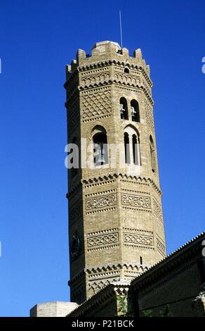 Tauste, Santa María church; 'mudéjar' (arab style) belfry / tower. Stock Photo