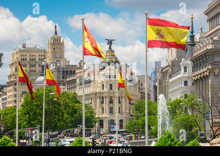 Madrid city center, view along the Calle de Alcala towards the Metropolis Hotel and surrounding architecture in the historic centre of Madrid, Spain. Stock Photo