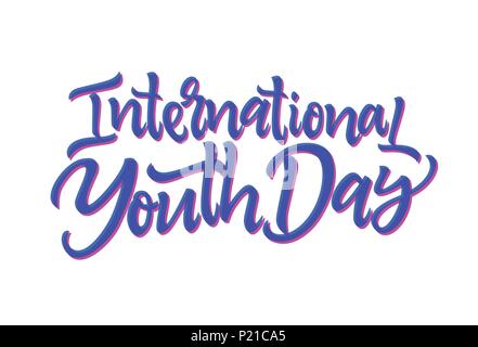 International Youth Day - vector hand drawn brush pen lettering. Blue and pink text on white background. High quality calligraphy for invitation, prin Stock Vector