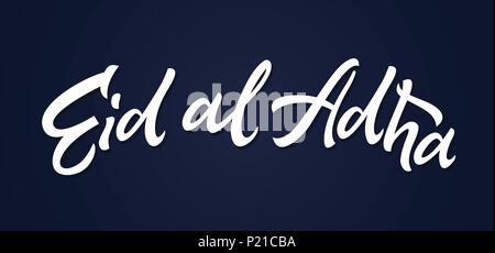Eid al Adha - vector hand drawn brush pen lettering. White text on dark blue background. High quality calligraphy for invitation, print, poster. Celeb Stock Vector