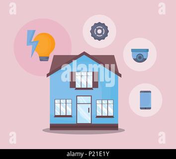 Modern house with smart home related icons over pink background, colorful design. vector illustration Stock Vector